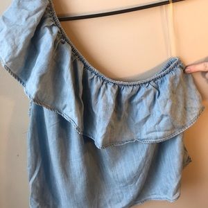 American Eagle Size XL one shoulder ruffled blouse. Light wash denim style